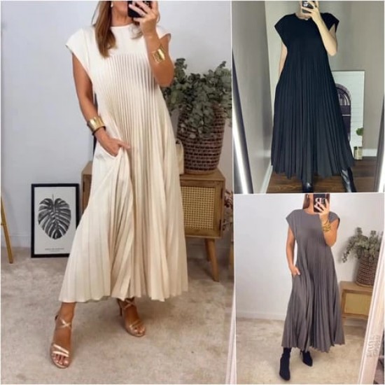 HOT SALEDamen plissiertes einfaches einfarbiges Kleid