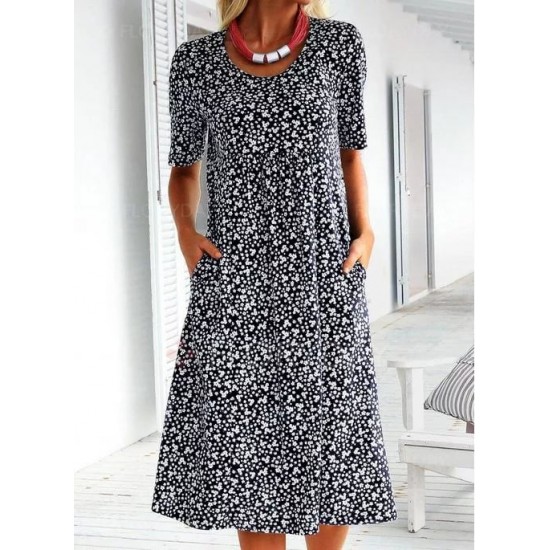 2024 Neujahrs-Hot Sale Lssiges Damen Blumenkleid mit Rundhalsausschnitt (8 Farben mit Taschen)