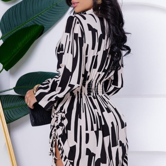 Print Waist-Cinching Shirt Dress with Side Drawstring